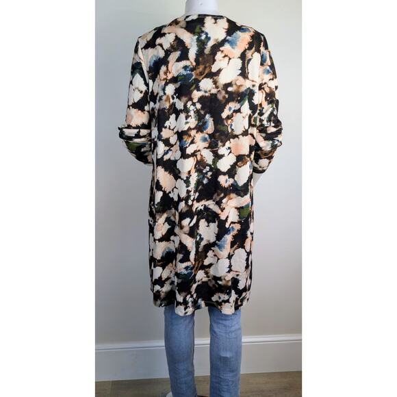 Nina Leonard Duster Cardigan XL Black Cream Bold Floral Print Open Front Pockets - Picture 6 of 11